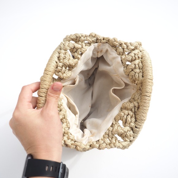 70s Vintage Crochet Knit Hand Bag Wooden Top Handles Tan Boho Macrame Purse‎ - Picture 3 of 8